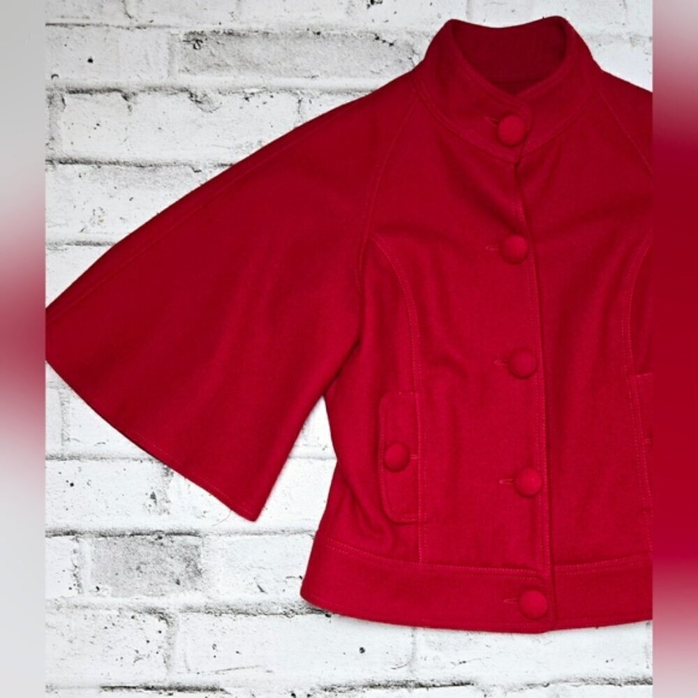 Dreamy Red Wool Pea Coat with Flare ¾ Sleeves - Picture 5 of 13
